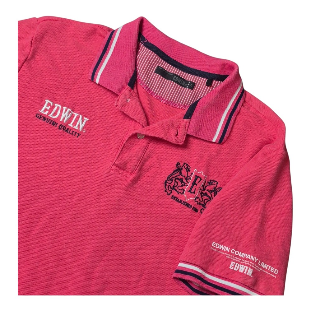 Edwin Men's L Polo Shirt‎ Pink Embroidered Crest Graphic Preppy Casual Cotton
